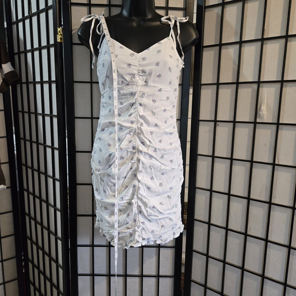 Hollister Floral Mini Dress Women XS White Ruched Tie Strap Cotton Sundress Y2K